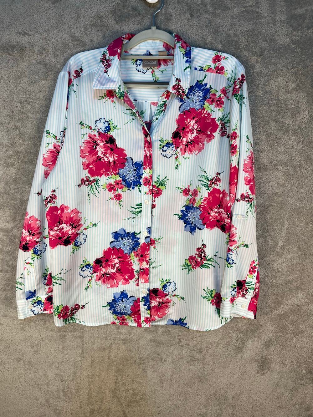 Chico's Button Down Blouse Size Large Blue Striped Floral Spring Country Club